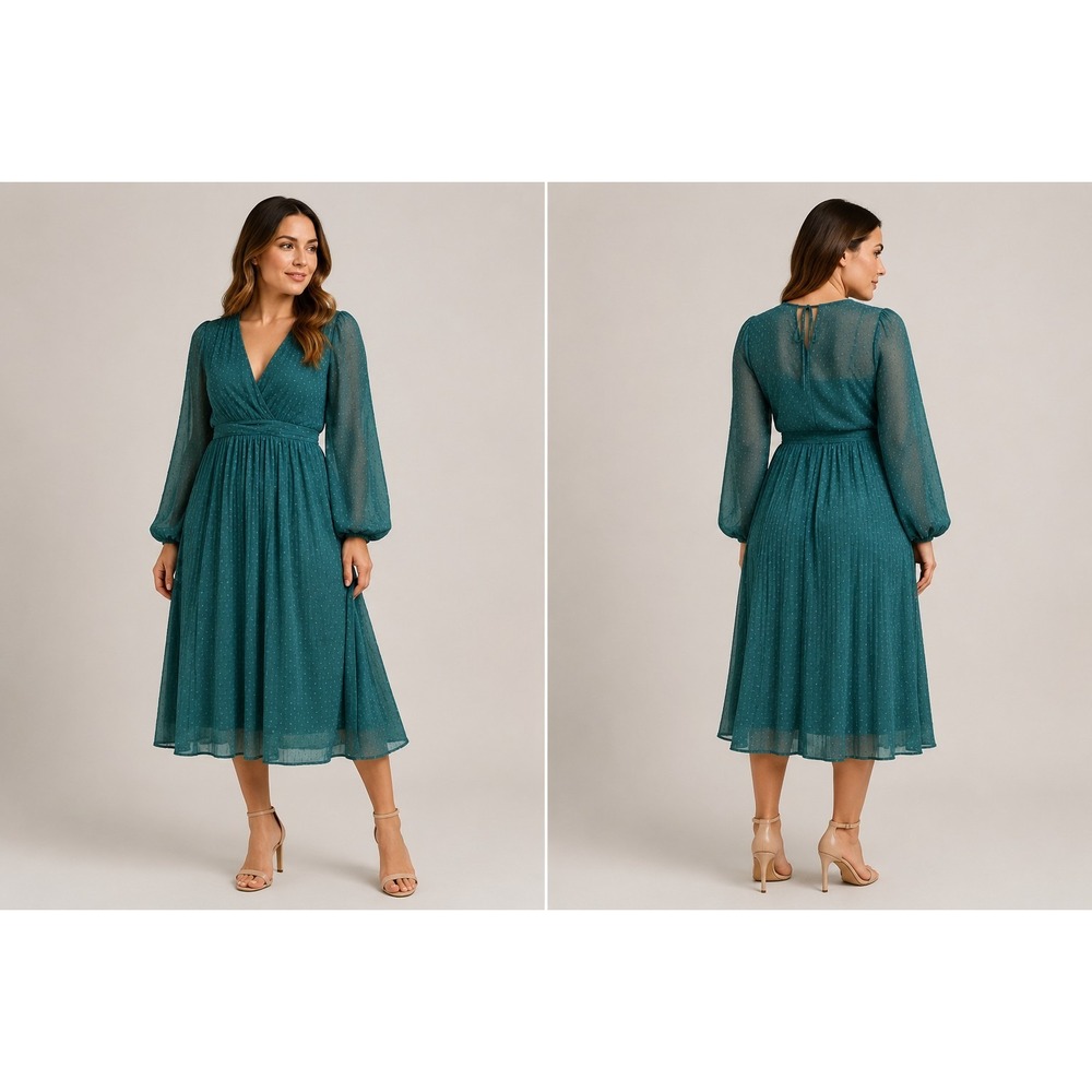 ASOS Design Maternity Dress US 8 Teal Swiss Dot Chiffon Long Sleeve Midi